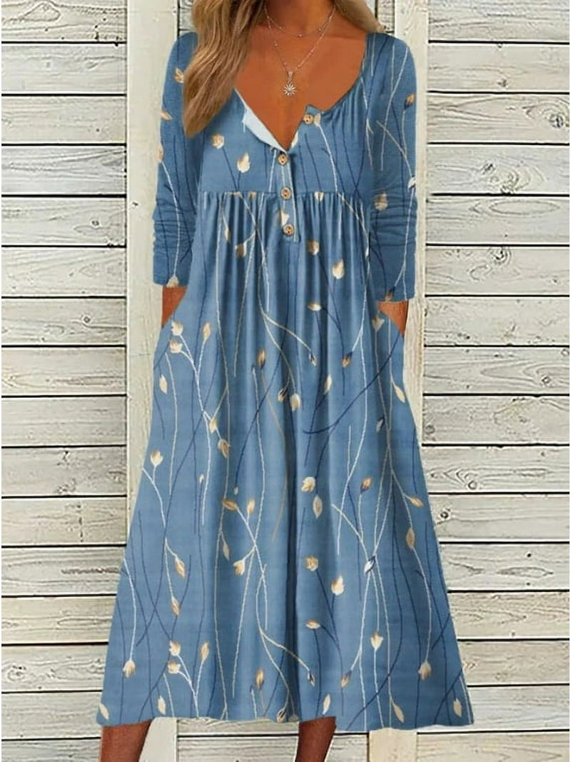 Women's Short Sleeve Boho Floral Print Maxi Dress Summer V Neck