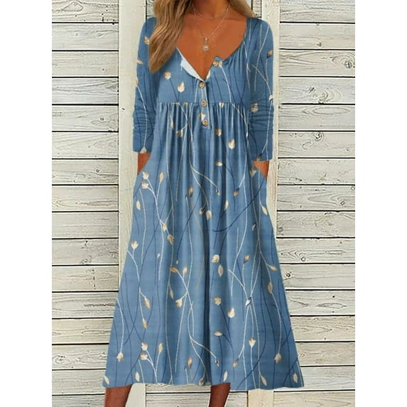 Women's Short Sleeve Boho Floral Print Maxi Dress Summer V Neck Casual Loose Dress with Pockets