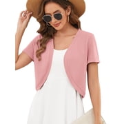 DEMOTIME Women's Short Sleeve Bolero Shrugs Open Front Lightweight Cropped Cardigan Pink 2XL