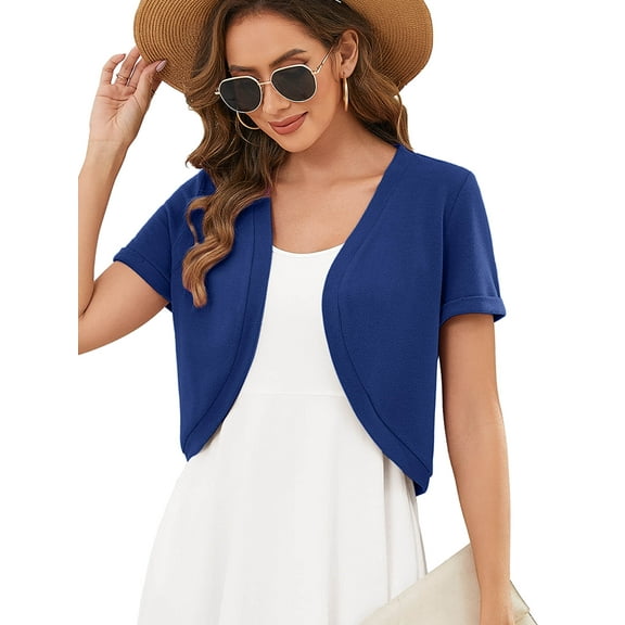 DEMOTIME Women's Short Sleeve Bolero Shrugs Open Front Lightweight Cropped Cardigan Royal Blue L