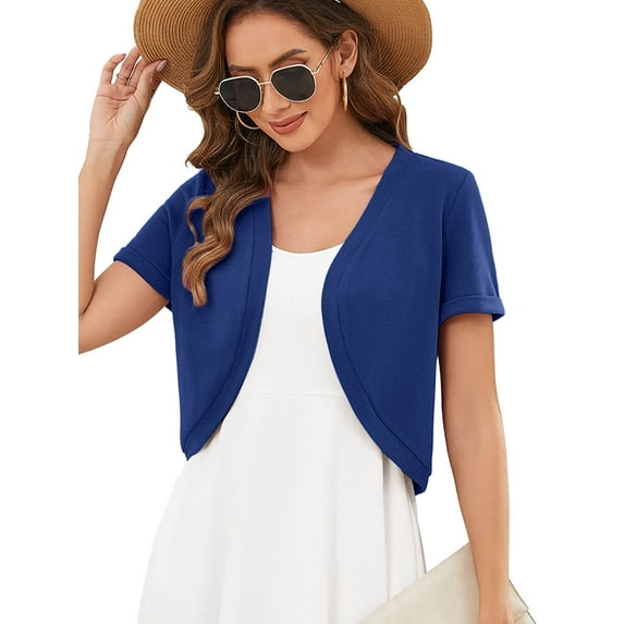 DEMOTIME Women's Short Sleeve Bolero Shrugs Open Front Lightweight Cropped Cardigan Royal Blue S