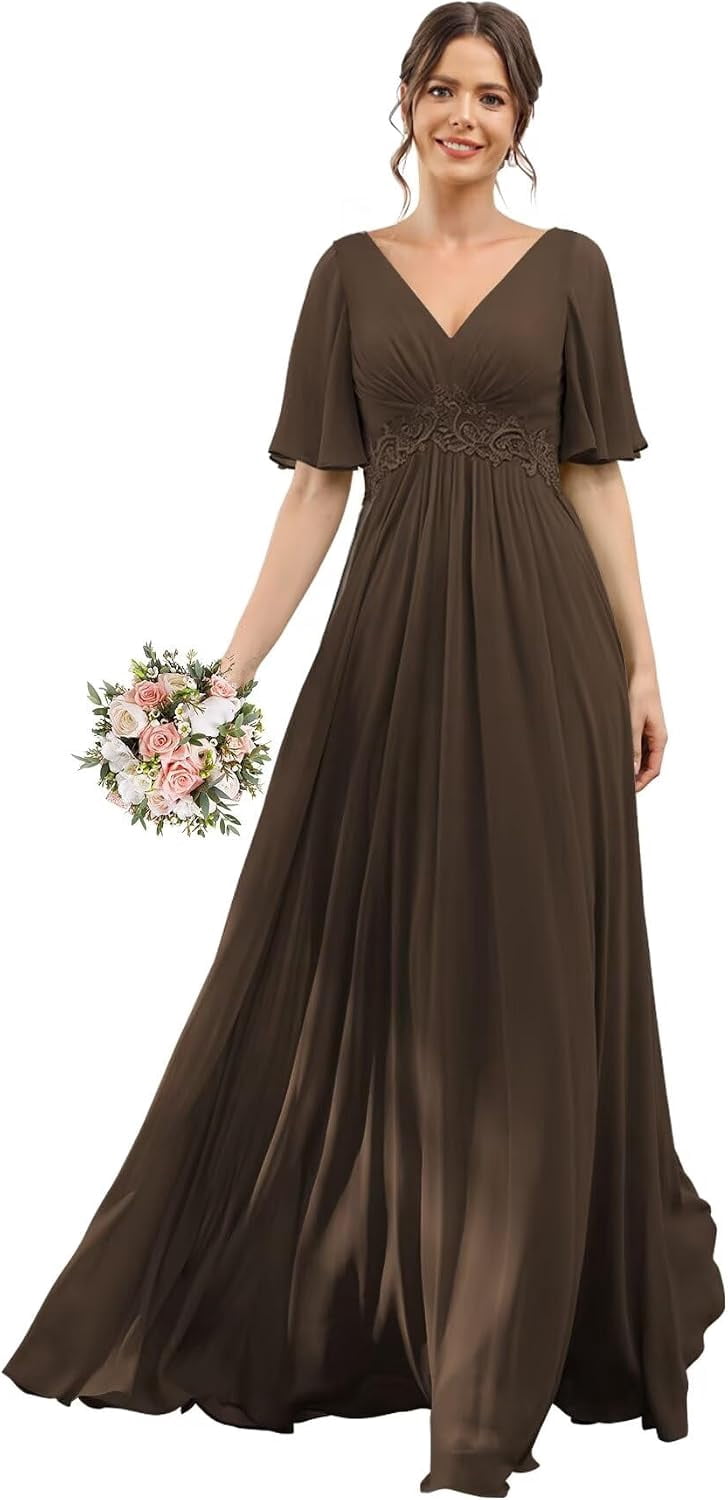 Women's Short Sleeve Bridesmaid Dresses V Neck Ruffles Chiffon Formal Evening Dress ZU144