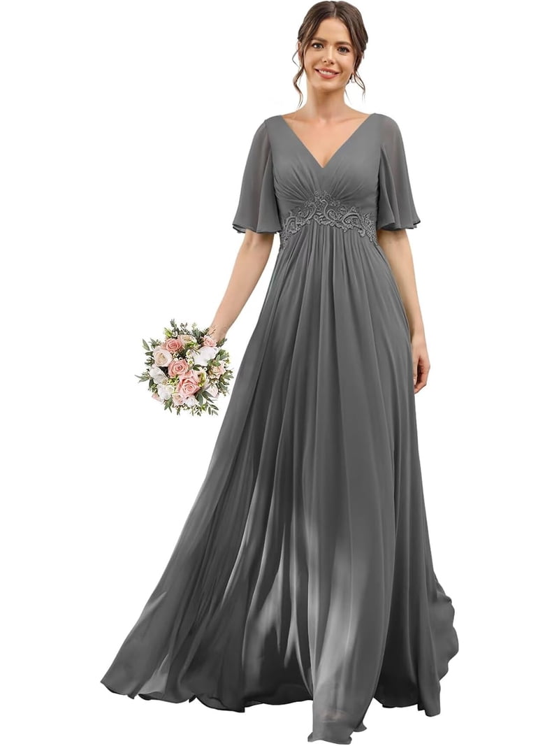 Women's Short Sleeve Bridesmaid Dresses V Neck Ruffles Chiffon Formal Evening Dress ZU144