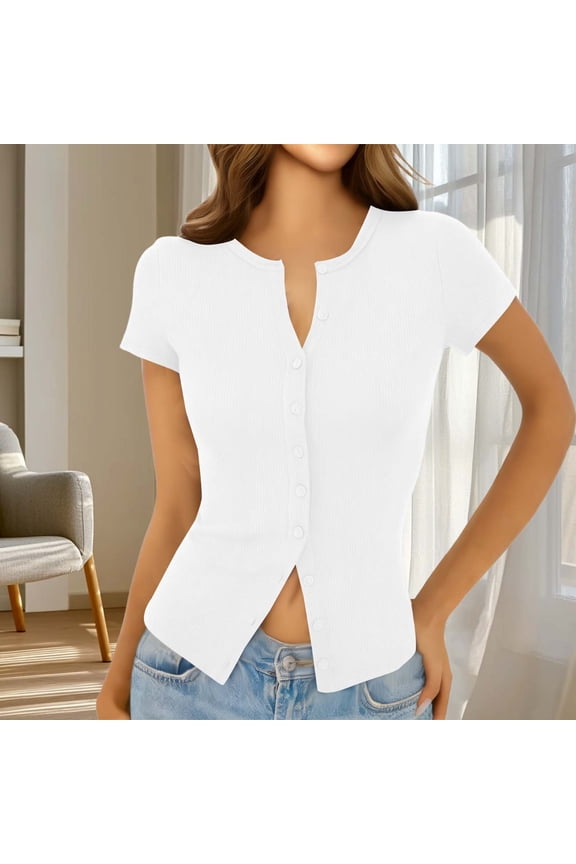 Women's Short Sleeve Button Cardigan Shirt Tops Slim Fitting Ribbed Knit Casual Cropped Trend Sweater T-Shirt White S