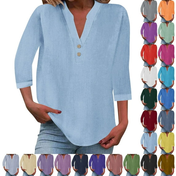 Women's Short Sleeve Button Down Blouse Cotton Linen Summer Casual Top