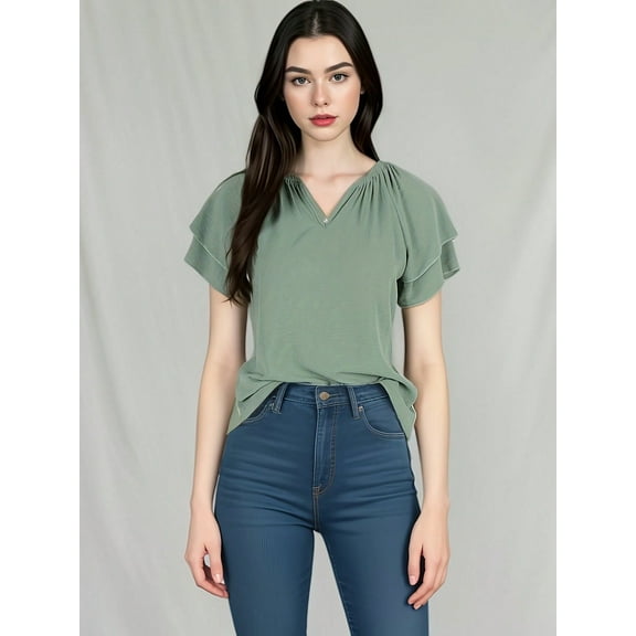 Women's Short Sleeve Button Down Blouse with Gathered Neckline Casual and Comfortable Top for Everyday Wear- Large, Green