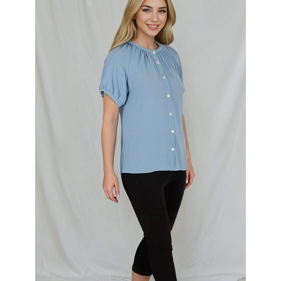 Women's Short Sleeve Button Down Blouse with Gathered Neckline Casual and Comfortable Top for Everyday Wear- Small, Blue