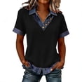 thumbnail image 1 of Women’s Short Sleeve Button Down Denim Collar V Neck Casual Top Contrast Trim Loose Fit Blouse Shirt Black L, 1 of 6