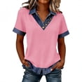 thumbnail image 1 of Women’s Short Sleeve Button Down Denim Collar V Neck Casual Top Contrast Trim Loose Fit Blouse Shirt Pink S, 1 of 6