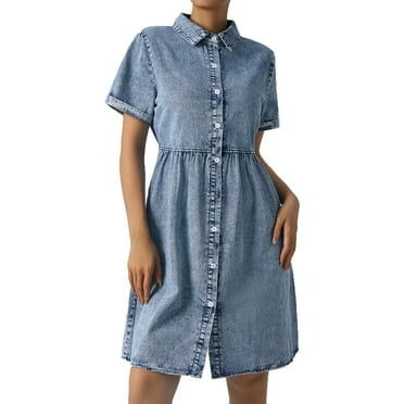 Women's Short Sleeve Button Down Denim Dress Summer Flowy Tiered Babydoll Jean Shirt Dresses