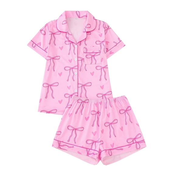 Women’s Short Sleeve Button Down Pajama Set with Bow and Heart Print Top and Elastic Waist Shorts Sleepwear
