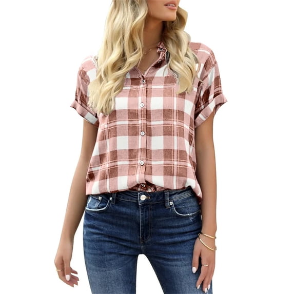 Women Short Sleeve Button Down Plaid Print Casual Blouses Tops