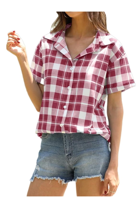 Women Short Sleeve Button Down Plaid Print Casual Blouses Tops