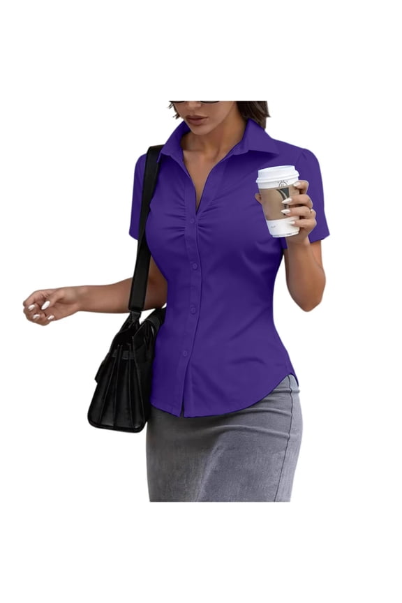 Women's Short Sleeve Button Down Shirt Casual V-Neck Ruched Bust Flowy Slim Fit Tops Summer Lightweight Work Blouses Purple S