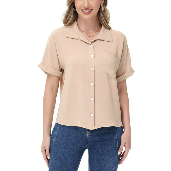 Women's Button Down Collared Shirt with Rolled Short Sleeves and Chest Pocket- Small, Beige