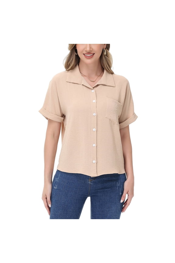 Women's Button Down Collared Shirt with Rolled Short Sleeves and Chest Pocket- Small, Beige