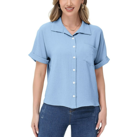 Women's Short Sleeve Button Down Shirt With Front Pocket And Notched Collar- X Large, Blue