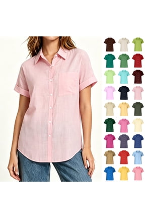 Women’s Short Sleeve Button Down Shirt, Women Cotton Linen Casual Lightweight Front Shirt with Pockets, Women's PlusSoft Pink,Size S-5XL