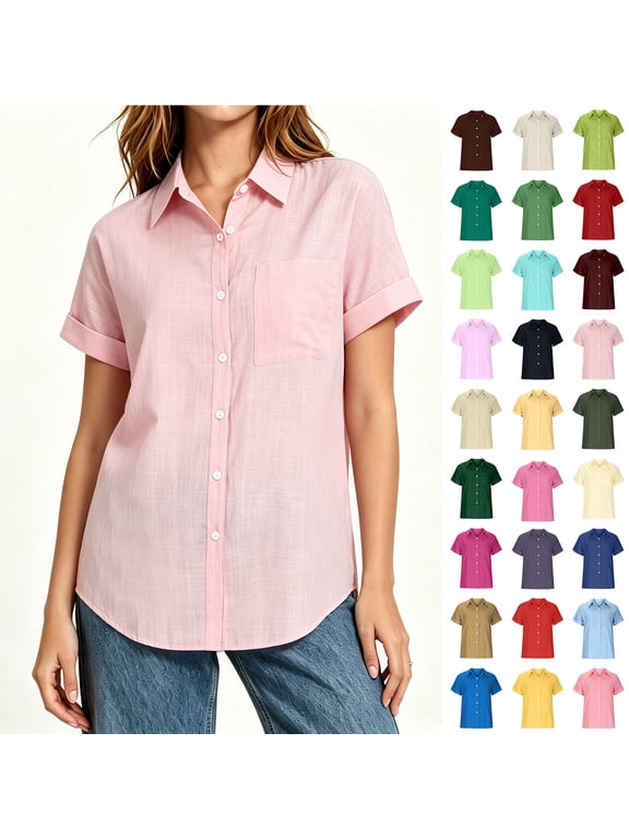 Women’s Short Sleeve Button Down Shirt, Women Cotton Linen Casual Lightweight Front Shirt with Pockets, Women's PlusSoft Pink,Size S-5XL