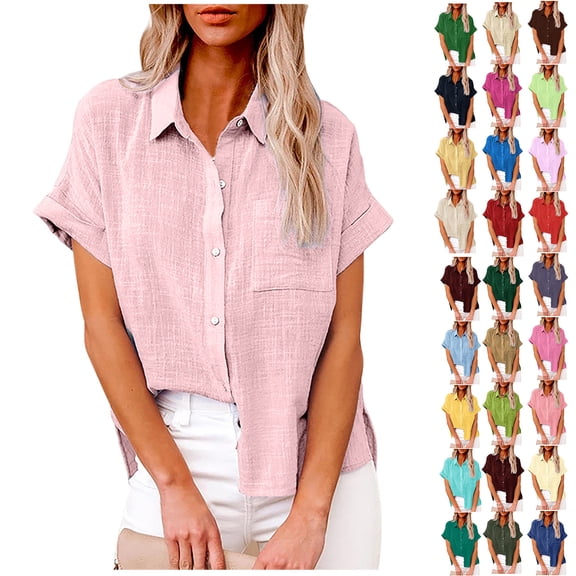 Women’s Short Sleeve Button Down Shirt, Women Cotton Linen Casual Lightweight Front Shirt with Pockets, Women's PlusSoft Pink,Size S-5XL