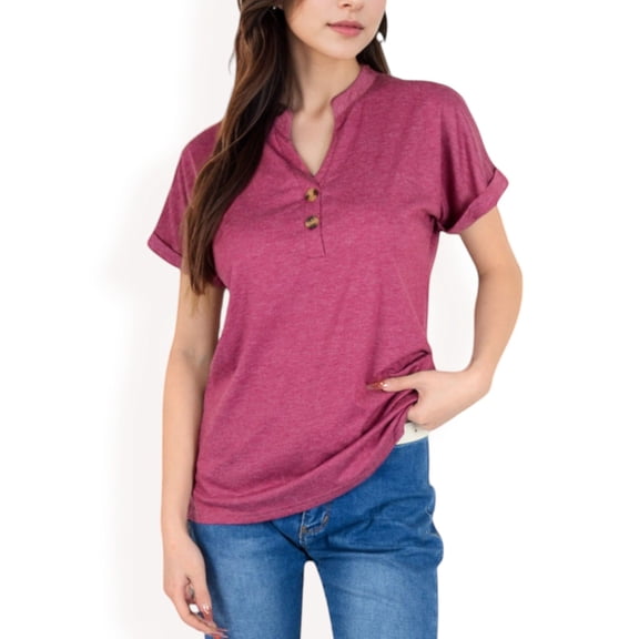 Women's Short Sleeve Button Front V-Neck Shirt- Burgundy,Medium