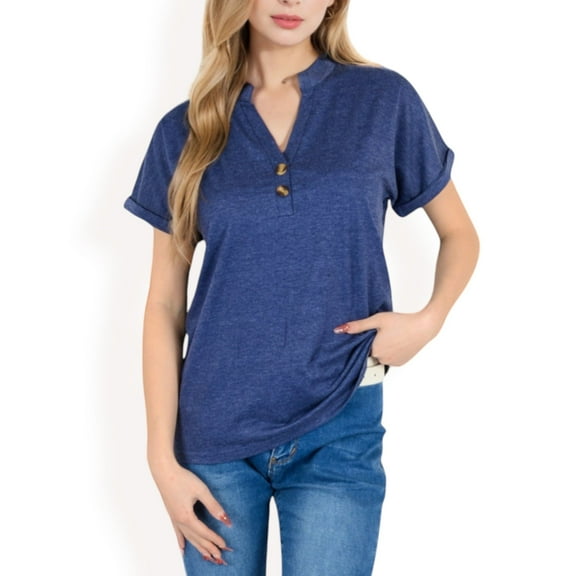 Women's Short Sleeve Button Front V-Neck Shirt- Navy,Medium