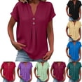 thumbnail image 1 of Women's Short Sleeve Button Down Shirt Blouse Tops Ladies Solid Color Crewneck Loose Fit Casual Daily Wear Work Office Vacation Fashion Essential Gift for Women | Sopatenor,Blue XL, 1 of 8