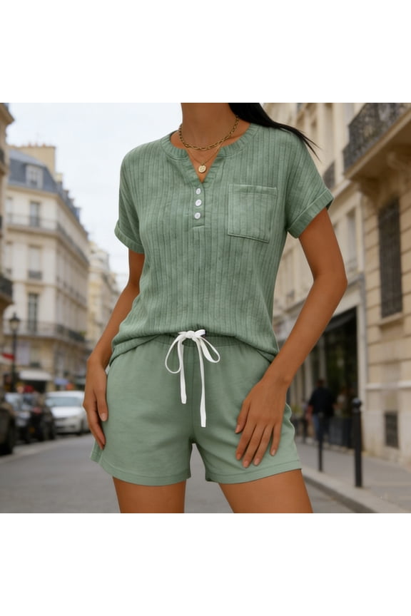 Women's Short Sleeve Button Up Sleepwear Set with Drawstring Shorts, Soft Stretch Two Piece Pajama Lounge Set, Breathable Comfort Loungewear for Sleeping Relaxing | TruBelle,Green L