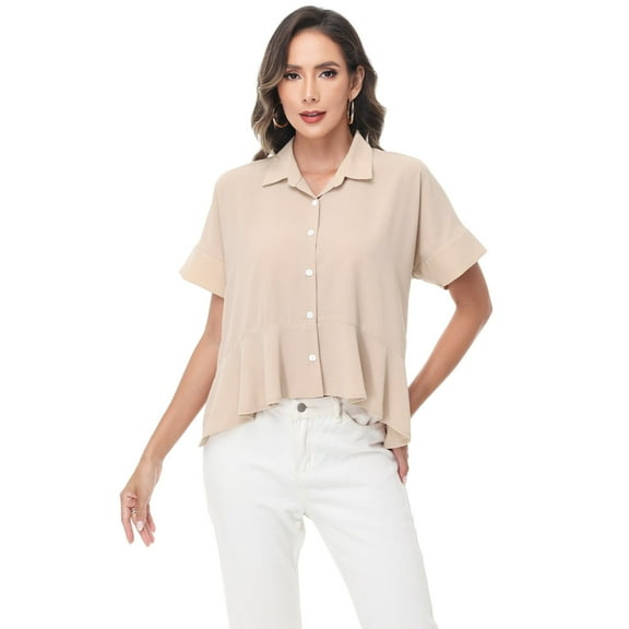 Women's Short Sleeve Button-Up Blouse with Peplum Hem and Classic Collar - Large, Beige