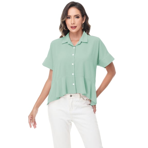 Women's Short Sleeve Button-Up Blouse with Peplum Hem and Classic Collar - X Large, Green