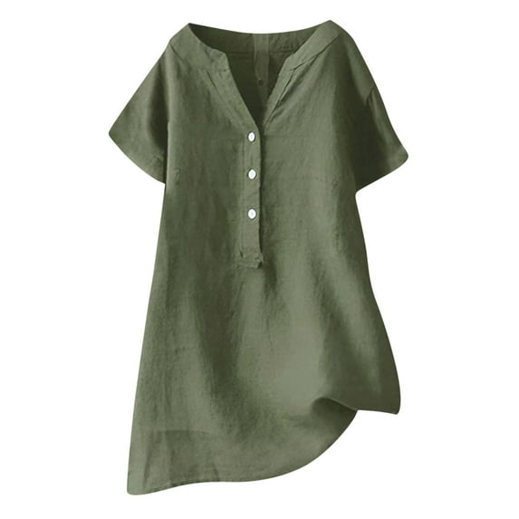 Women's Short Sleeve Buttons V Neck Cotton Linen Tops Loose Comfy Plus Size Shirts Solid Lightweight Spring Summer Blouses Army Green,5XL