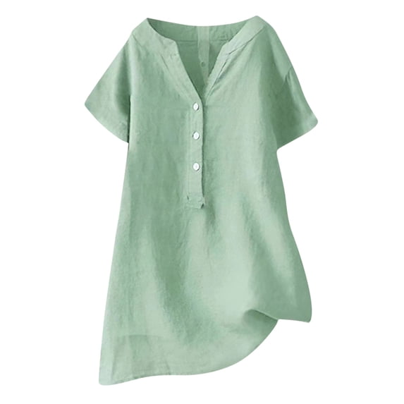 Women's Short Sleeve Buttons V Neck Cotton Linen Tops Loose Comfy Plus Size Shirts Solid Lightweight Spring Summer Blouses Green,M