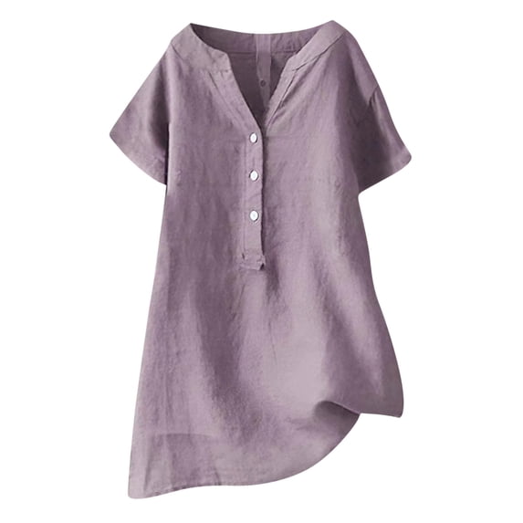 Women's Short Sleeve Buttons V Neck Cotton Linen Tops Loose Comfy Plus Size Shirts Solid Lightweight Spring Summer Blouses Purple,L