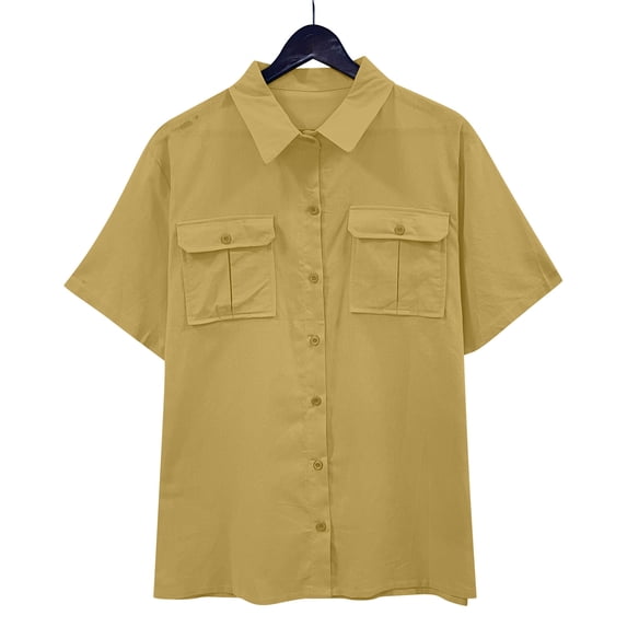Women's Short Sleeve Casual Shirt with Lapel Collar and Double Pockets for Summer Spring Wear