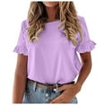 thumbnail image 1 of Women's Short Sleeve Casual T Shirts Summer Ruffle Plain Round Neck Loose Fit Tee Blouse Tops, 1 of 2