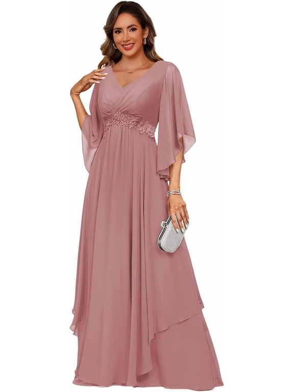 Women's Short‑Sleeve Chiffon Mother‑of‑the‑Bride Dress, Ruched Lace A‑Line Formal Evening Gown