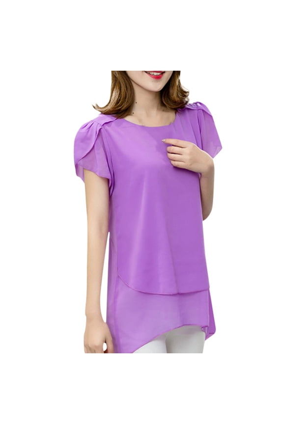 Women's Short Sleeve Chiffon Shirt Flowy Loose Fit Blouse for Casual Daily Wear