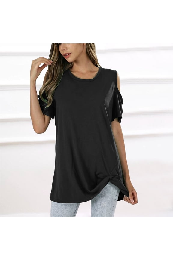 Women's Short Sleeve Cold Shoudler Tops Twist Knotted T-Shirts Spring Summer Tops Loose Fit Tops 2026 Cut Out Crew Neck Solid Color Basic Comfy Tees Tunic Tops for Leggings Flowy Work Long Tops