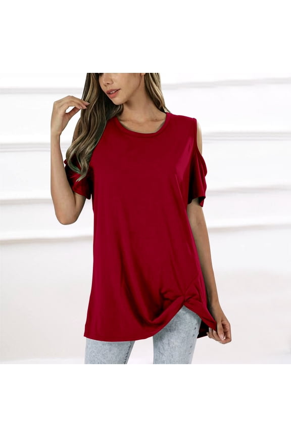 Women's Short Sleeve Cold Shoudler Tops Twist Knotted T-Shirts Spring Summer Tops Loose Fit Tops 2026 Cut Out Crew Neck Solid Color Basic Comfy Tees Tunic Tops for Leggings Flowy Work Long Tops