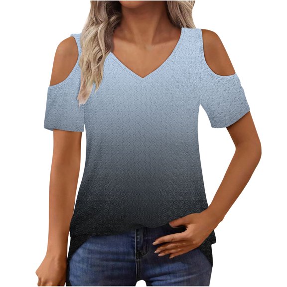 Women's Short Sleeve Cold Shoulder Basic Tee - Ombre V-Neck Casual Top with Comfortable Loose Fit for Summer, Limited Time Off