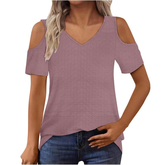 Women's Short Sleeve Cold Shoulder Basic Tee - Solid Color V-Neck Casual Top with Comfortable Loose Fit for Summer, Limited Time Off