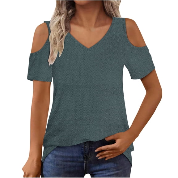 Women's Short Sleeve Cold Shoulder Basic Tee - Solid Color V-Neck Casual Top with Comfortable Loose Fit for Summer, Limited Time Off