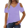 thumbnail image 1 of Women's Short Sleeve Cold Shoulder Basic Tee - Solid Color V-Neck Casual Top with Comfortable Loose Fit for Summer, Limited Time Off, 1 of 6