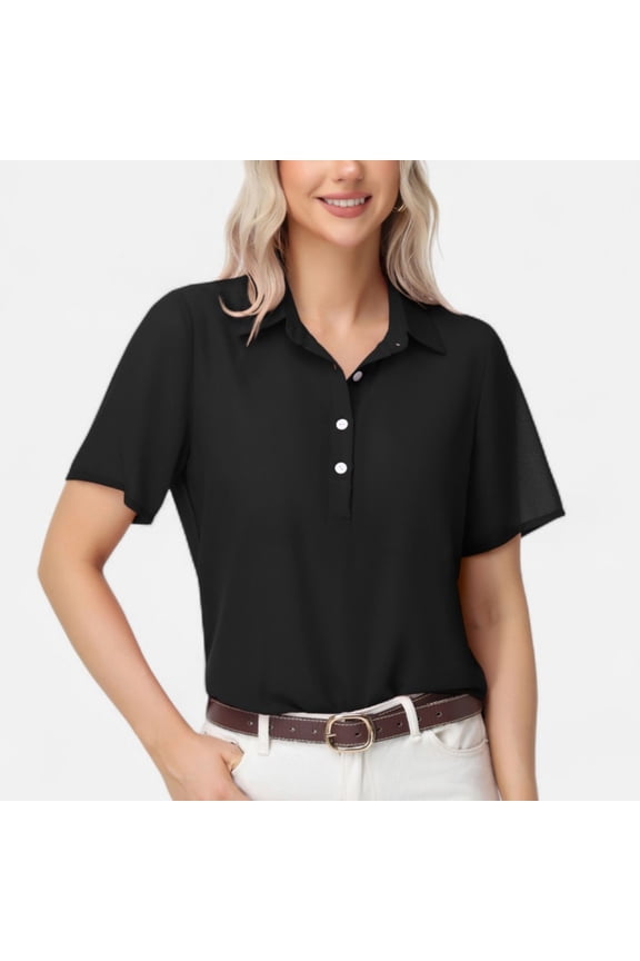 Women's Short Sleeve Collared Blouse with Button Placket and Relaxed Fit Design - Medium, Black