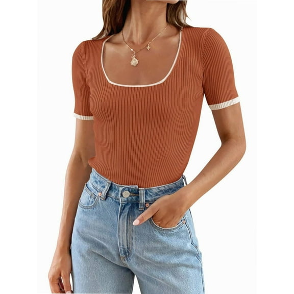 Women's Short Sleeve Color Block T Shirts Tops for Summer Slim Fitted Knit Square Neck Basic Casual Blouses