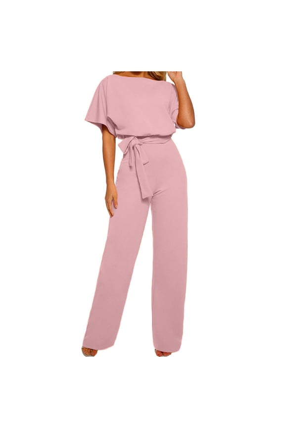 Women's Short Sleeve Color Playsuit Clubwear Straight Leg Jumpsuit With Belt Pink