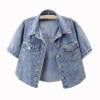 Women's Short Sleeve Colored Cropped Denim Jacket Vintage Wash Button Up Short Jean Jacket Trucker Coat