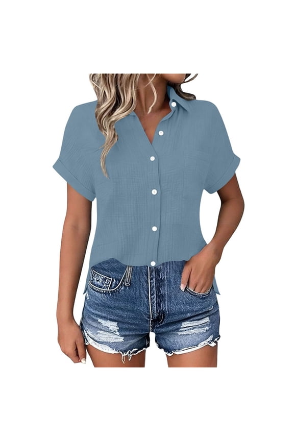 Women's Short Sleeve Cotton Gauze Button Down Shirt, Loose Fit Summer Collared Blouse with Pocket High Side Slits Box Pleat Back Soft Breathable Casual Tops 2026