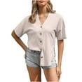 thumbnail image 1 of Women's Short Sleeve Cotton Linen Blend Lapel V Neck Buttons Lightweight Spring Summer Trendy Shirts Comfy Casual Tops Beige,M, 1 of 6