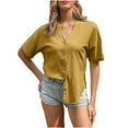 thumbnail image 1 of Women's Short Sleeve Cotton Linen Blend Lapel V Neck Buttons Lightweight Spring Summer Trendy Shirts Comfy Casual Tops Yellow,XL, 1 of 6
